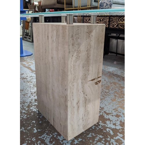 365 - CONSOLE TABLE, 120cm x 30cm x 74cm, Contemporary design travertine base, frosted glass top.