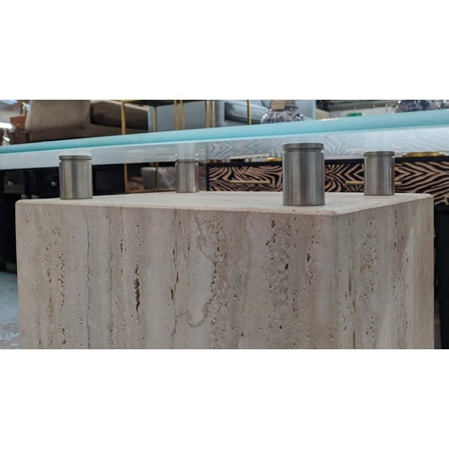 365 - CONSOLE TABLE, 120cm x 30cm x 74cm, Contemporary design travertine base, frosted glass top.