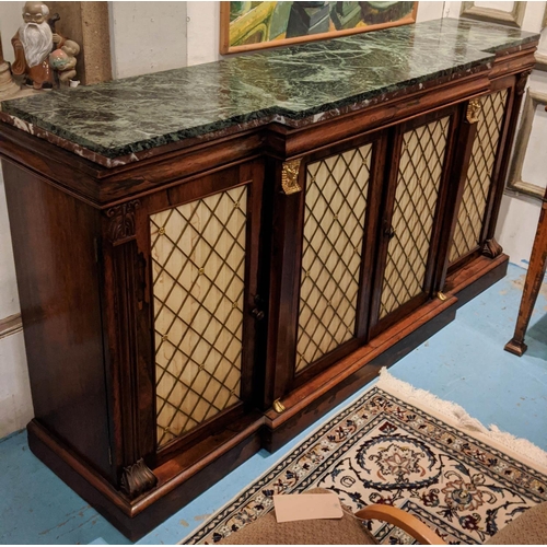 544 - BREAKFRONT SIDEBOARD, 184cm L x 92cm H x 45cm D, George IV rosewood and brass mounted with four gril... 