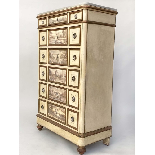 285 - SEMAINIER, 19th century French cream painted parcel gilt with marble top above six hand painted Neo ... 