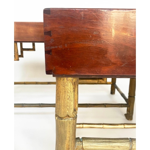 286 - SHIPS LOW TABLES, a pair, rectangular mahogany with galleried tops and substantial bronze faux bambo... 