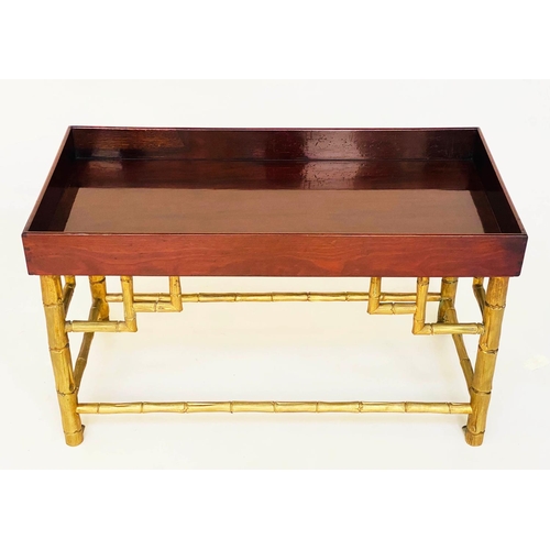 286 - SHIPS LOW TABLES, a pair, rectangular mahogany with galleried tops and substantial bronze faux bambo... 