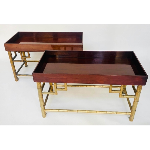 286 - SHIPS LOW TABLES, a pair, rectangular mahogany with galleried tops and substantial bronze faux bambo... 