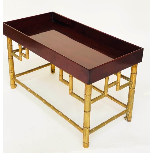 286 - SHIPS LOW TABLES, a pair, rectangular mahogany with galleried tops and substantial bronze faux bambo... 