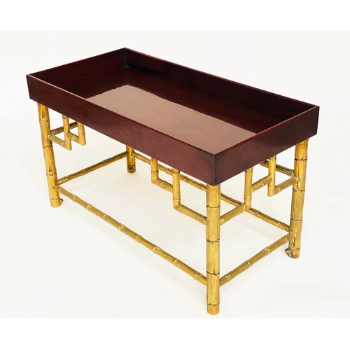 286 - SHIPS LOW TABLES, a pair, rectangular mahogany with galleried tops and substantial bronze faux bambo... 