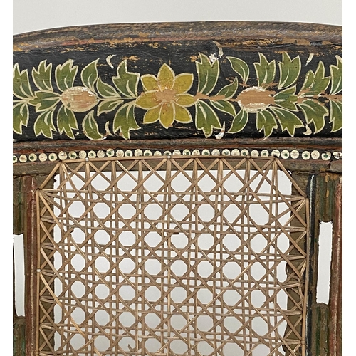 288 - ANGLO INDIAN HALL VERANDA SEAT, 19th century North Indian hand painted hardwood and cane work panell... 