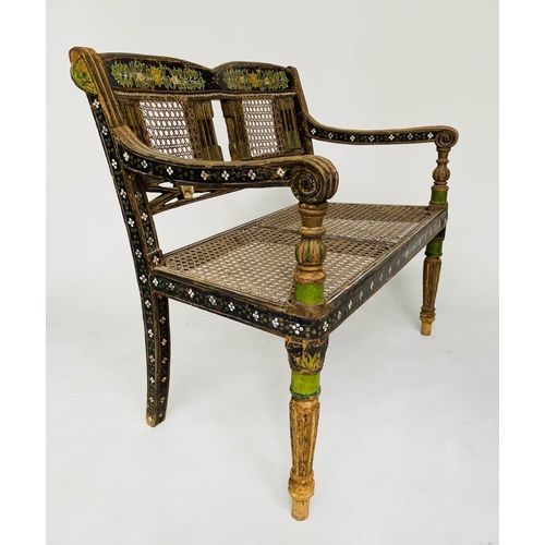 288 - ANGLO INDIAN HALL VERANDA SEAT, 19th century North Indian hand painted hardwood and cane work panell... 