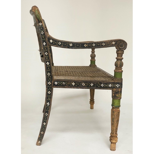 288 - ANGLO INDIAN HALL VERANDA SEAT, 19th century North Indian hand painted hardwood and cane work panell... 