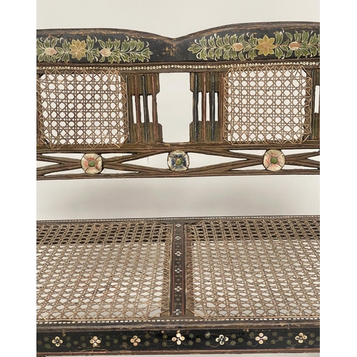 288 - ANGLO INDIAN HALL VERANDA SEAT, 19th century North Indian hand painted hardwood and cane work panell... 