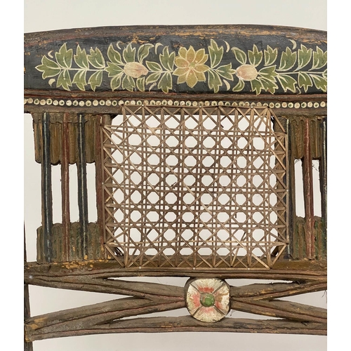 288 - ANGLO INDIAN HALL VERANDA SEAT, 19th century North Indian hand painted hardwood and cane work panell... 