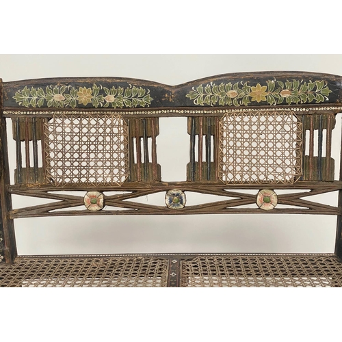 288 - ANGLO INDIAN HALL VERANDA SEAT, 19th century North Indian hand painted hardwood and cane work panell... 