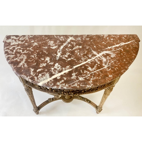 292 - CONSOLE TABLE, 19th century French Louis XVI style carved giltwood, with demi lune marble top above ... 