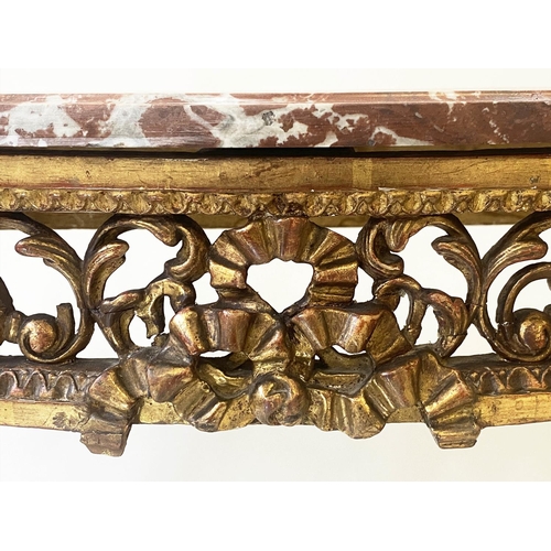 292 - CONSOLE TABLE, 19th century French Louis XVI style carved giltwood, with demi lune marble top above ... 