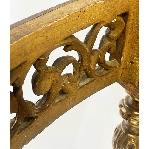 292 - CONSOLE TABLE, 19th century French Louis XVI style carved giltwood, with demi lune marble top above ... 