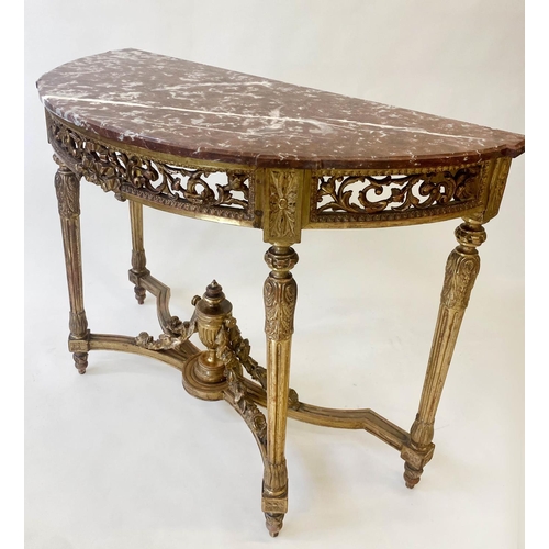 292 - CONSOLE TABLE, 19th century French Louis XVI style carved giltwood, with demi lune marble top above ... 