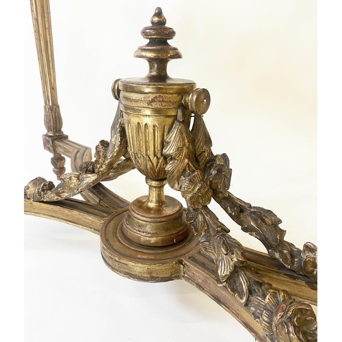 292 - CONSOLE TABLE, 19th century French Louis XVI style carved giltwood, with demi lune marble top above ... 