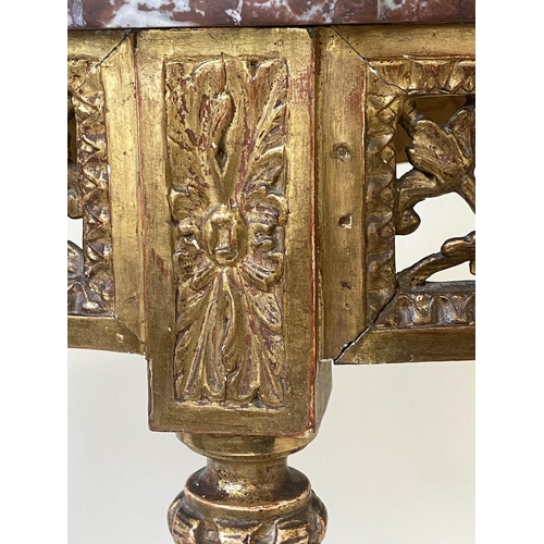 292 - CONSOLE TABLE, 19th century French Louis XVI style carved giltwood, with demi lune marble top above ... 