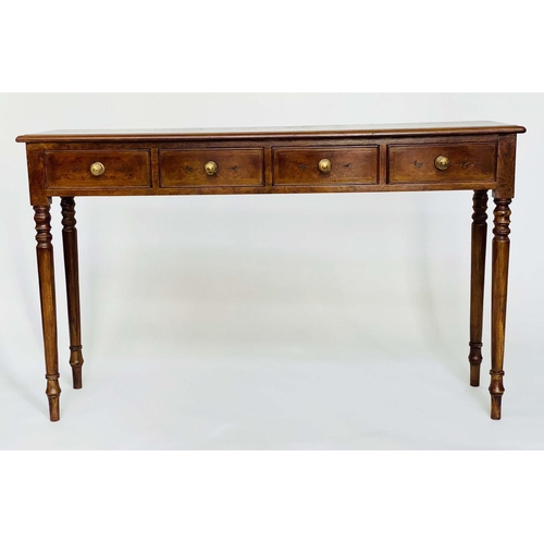 183 - HALL TABLE, George III design burr walnut rectangular with four short drawers and turned tapering su... 