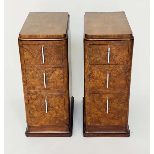 185 - ART DECO BEDSIDE CHESTS, a pair, burr walnut each with three drawers, 32cm x 49cm x 70cm H. (2)