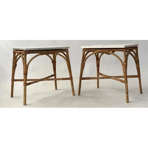 192 - LAMP TABLES, a pair, bamboo and rattan framed and cane bound cross-sectioned and fitted white marble... 