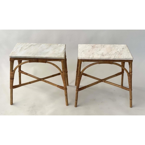 192 - LAMP TABLES, a pair, bamboo and rattan framed and cane bound cross-sectioned and fitted white marble... 