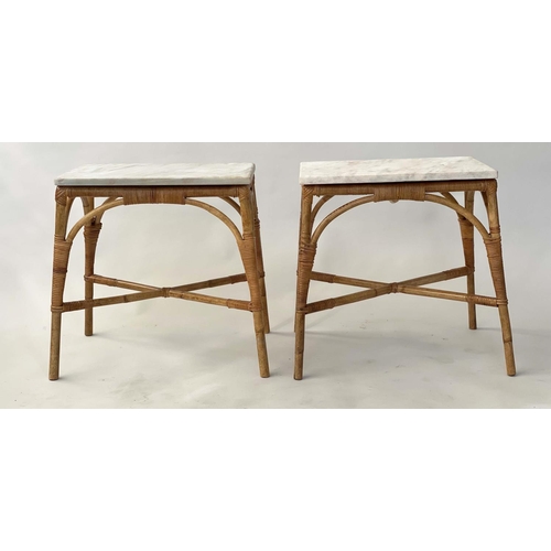 192 - LAMP TABLES, a pair, bamboo and rattan framed and cane bound cross-sectioned and fitted white marble... 