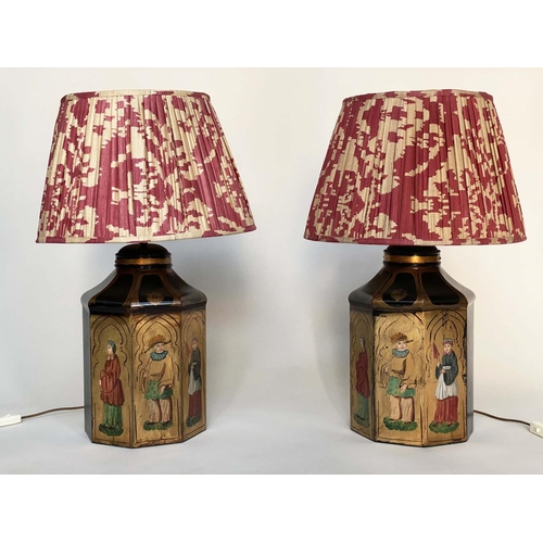 204 - OKA TABLE LAMPS, a pair, canister form gilded and painted with terracotta pleated fabric shades, 78c... 