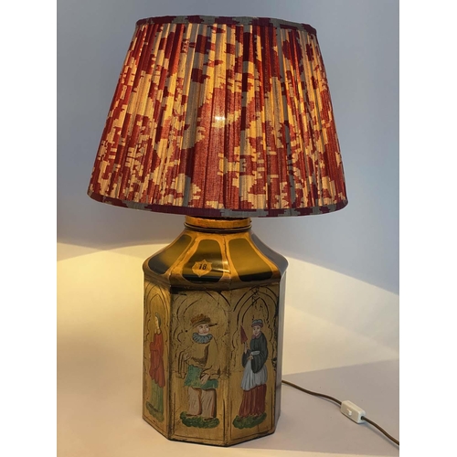 204 - OKA TABLE LAMPS, a pair, canister form gilded and painted with terracotta pleated fabric shades, 78c... 