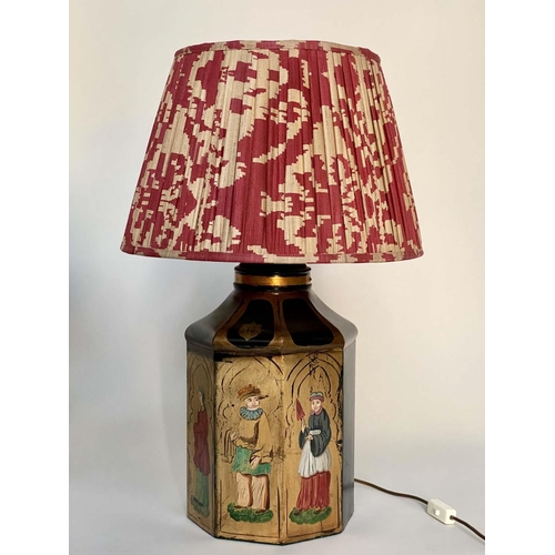 204 - OKA TABLE LAMPS, a pair, canister form gilded and painted with terracotta pleated fabric shades, 78c... 