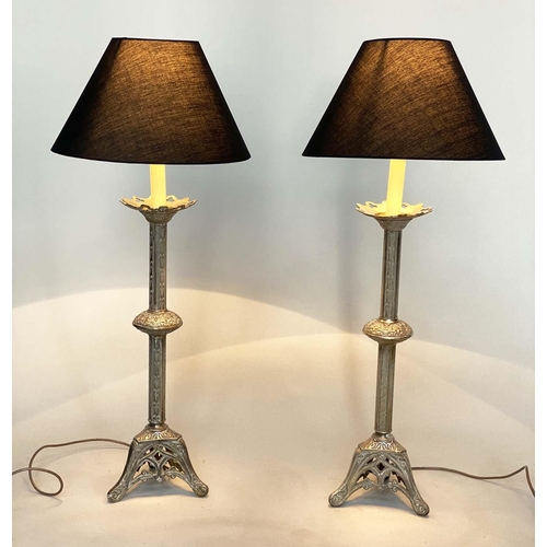 208 - COLUMN LAMPS, a pair, 19th century style silvered metal candle lamps form with shades, 80cm H. (2)