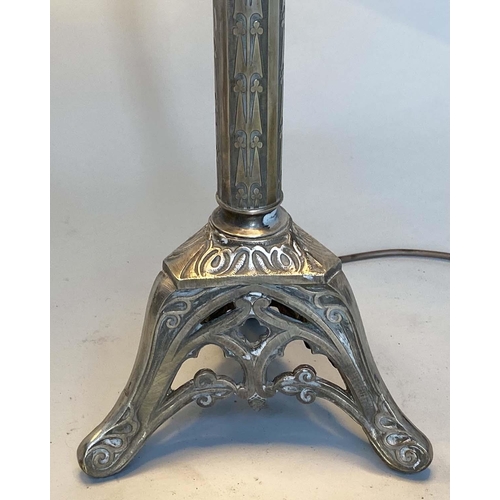 208 - COLUMN LAMPS, a pair, 19th century style silvered metal candle lamps form with shades, 80cm H. (2)