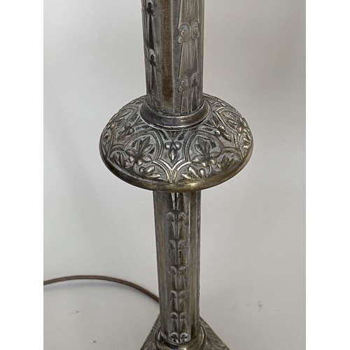 208 - COLUMN LAMPS, a pair, 19th century style silvered metal candle lamps form with shades, 80cm H. (2)