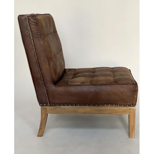 210 - COCKTAIL CHAIRS, a pair, Timothy Oulton style square buttoned tan leather, 63cm W. (2)