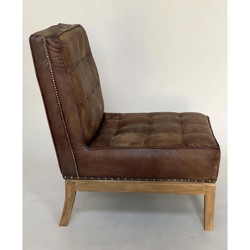 210 - COCKTAIL CHAIRS, a pair, Timothy Oulton style square buttoned tan leather, 63cm W. (2)