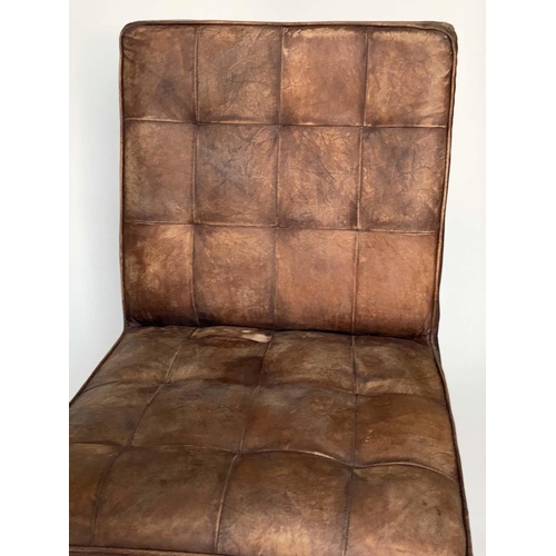 210 - COCKTAIL CHAIRS, a pair, Timothy Oulton style square buttoned tan leather, 63cm W. (2)