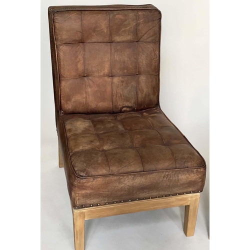 210 - COCKTAIL CHAIRS, a pair, Timothy Oulton style square buttoned tan leather, 63cm W. (2)