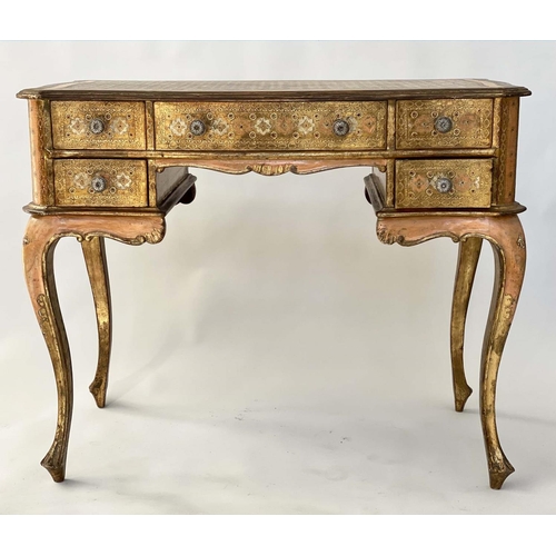 223 - WRITING/CENTRE TABLE, Florentine giltwood, painted and incised with five drawers, 90cm W x 50cm D x ... 