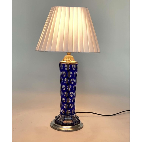 284 - BOHEMIAN GLASS TABLE LAMP, early 20th century blue glass and facetted with silvered mounts, 52cm H w... 