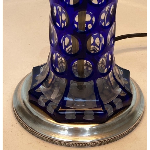 284 - BOHEMIAN GLASS TABLE LAMP, early 20th century blue glass and facetted with silvered mounts, 52cm H w... 