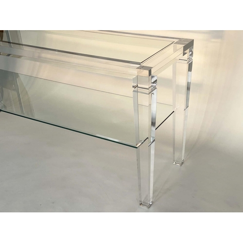 383 - CONSOLE TABLE, rectangular lucite and glass with shelf stretcher and square tapering supports, 161cm... 