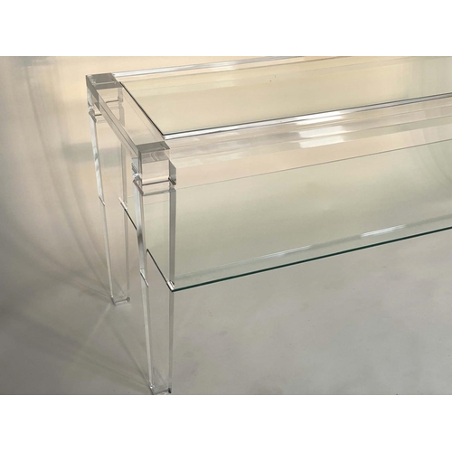 383 - CONSOLE TABLE, rectangular lucite and glass with shelf stretcher and square tapering supports, 161cm... 