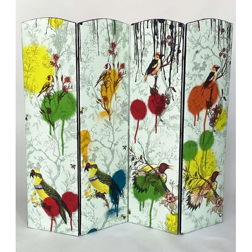 386 - SCREEN, contemporary four fold with 'Timorous Beasties' spray paint fabric 'Bird N Bees', each panel... 