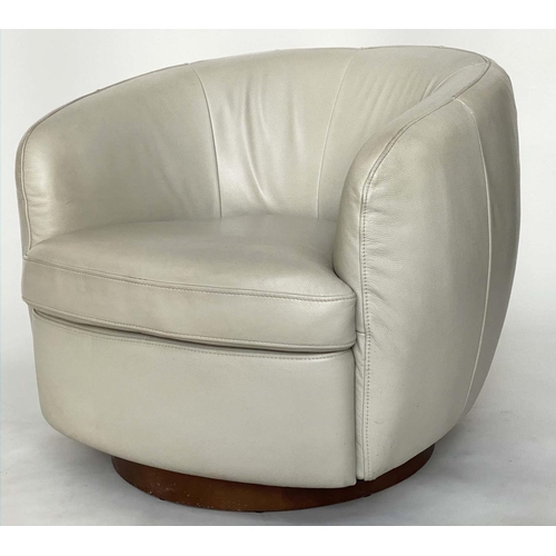 395 - TUB CHAIR, grained and stitched putty grey leather with rounded back and arms revolving on wooden ba... 