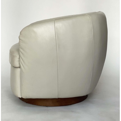 395 - TUB CHAIR, grained and stitched putty grey leather with rounded back and arms revolving on wooden ba... 