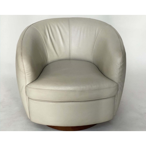 395 - TUB CHAIR, grained and stitched putty grey leather with rounded back and arms revolving on wooden ba... 