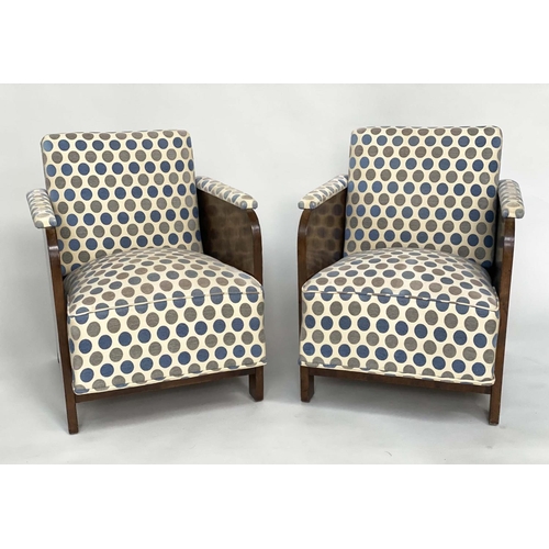 177 - ART DECO ARMCHAIRS, a pair, walnut with two tone spot fabric upholstery, 63cm W. (2)