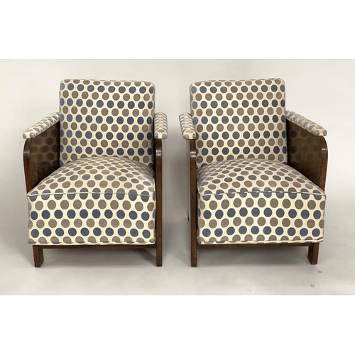 177 - ART DECO ARMCHAIRS, a pair, walnut with two tone spot fabric upholstery, 63cm W. (2)