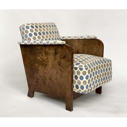 177 - ART DECO ARMCHAIRS, a pair, walnut with two tone spot fabric upholstery, 63cm W. (2)