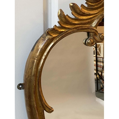 215 - OVERMANTEL MIRROR, 19th century carved giltwood with 'C' scroll crest and foliage floral frame of wa... 