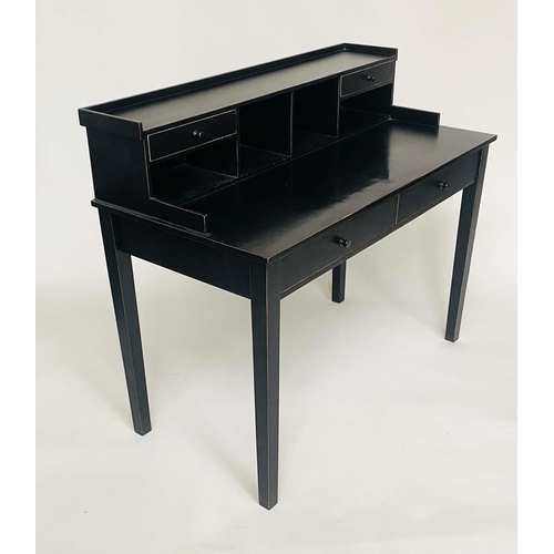 388 - WRITING TABLE, black lacquered and lined with superstructure and two freize drawers, 120cm W x 60cm ... 